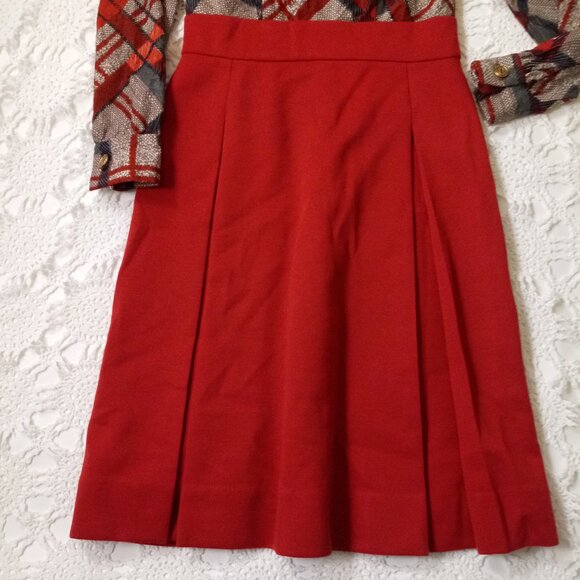 Vtg 70s Fit Flare Dress Plaid Bow Neck Orange Wool Skirt Retro Medium Women 8 - Picture 2 of 10